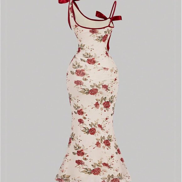 Women's Floral Maxi Dress Sleeveless Bowknot Bodycon Summer Dress Large - Picture 2 of 4